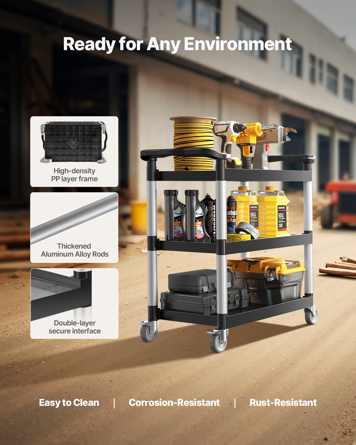 VEVOR Multifunctionele trolley, 226 kg laadvermogen, 3-laags kunststof gereedschapswagen met 360° zwenkwielen (2 met remmen), 106 x 49 x 98 cm Grote serveerwagen voor magazijn, kantoor, thuis, restaurant, keuken
