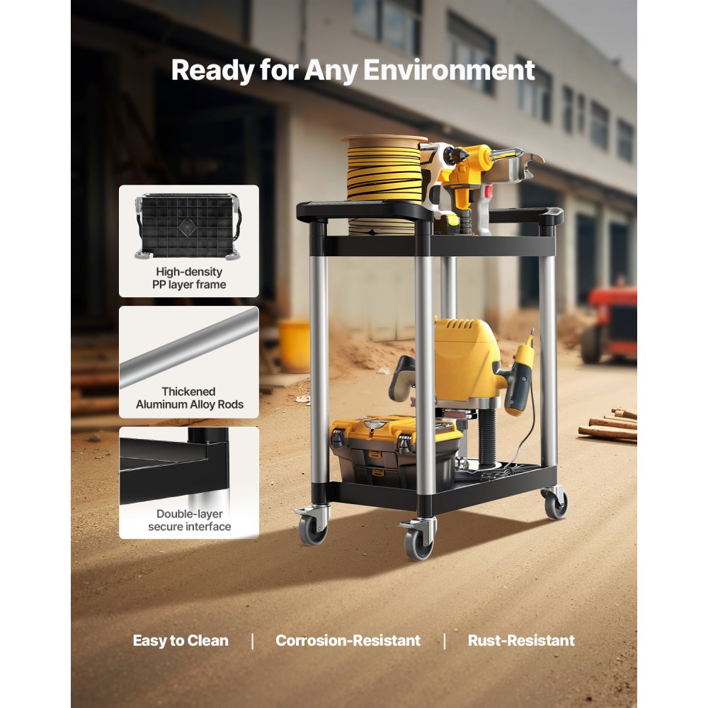 VEVOR Multifunctionele trolley, 136 kg laadvermogen, 2-laags kunststof gereedschapswagen met 360° zwenkwielen (2 met remmen), 800 x 410 x 945 mm Grote serveerwagen voor magazijn, kantoor, thuis, restaurant, keuken