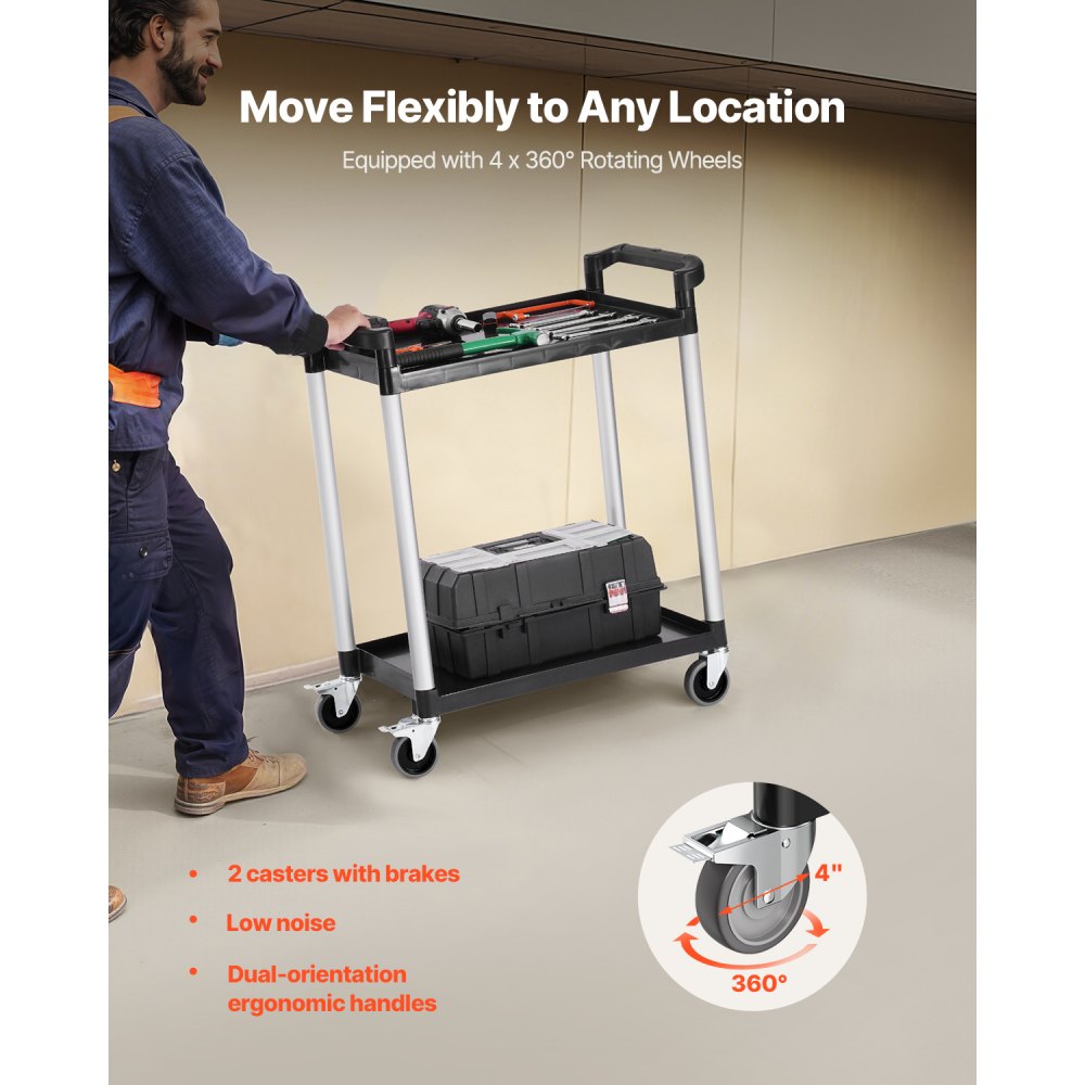 VEVOR Multifunctionele trolley, 136 kg laadvermogen, 2-laags kunststof gereedschapswagen met 360° zwenkwielen (2 met remmen), 800 x 410 x 945 mm Grote serveerwagen voor magazijn, kantoor, thuis, restaurant, keuken