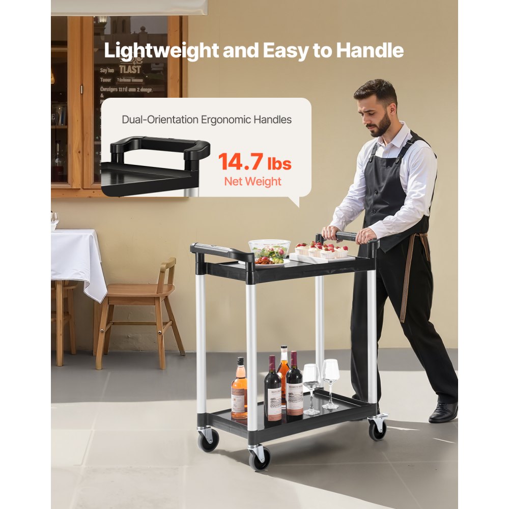 VEVOR Multifunctionele trolley, 136 kg laadvermogen, 2-laags kunststof gereedschapswagen met 360° zwenkwielen (2 met remmen), 800 x 410 x 945 mm Grote serveerwagen voor magazijn, kantoor, thuis, restaurant, keuken