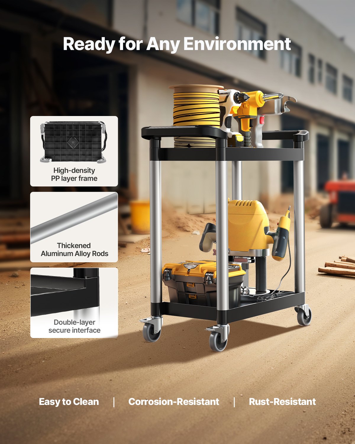 VEVOR Multifunctionele trolley, 136 kg laadvermogen, 2-laags kunststof gereedschapswagen met 360° zwenkwielen (2 met remmen), 800 x 410 x 945 mm Grote serveerwagen voor magazijn, kantoor, thuis, restaurant, keuken