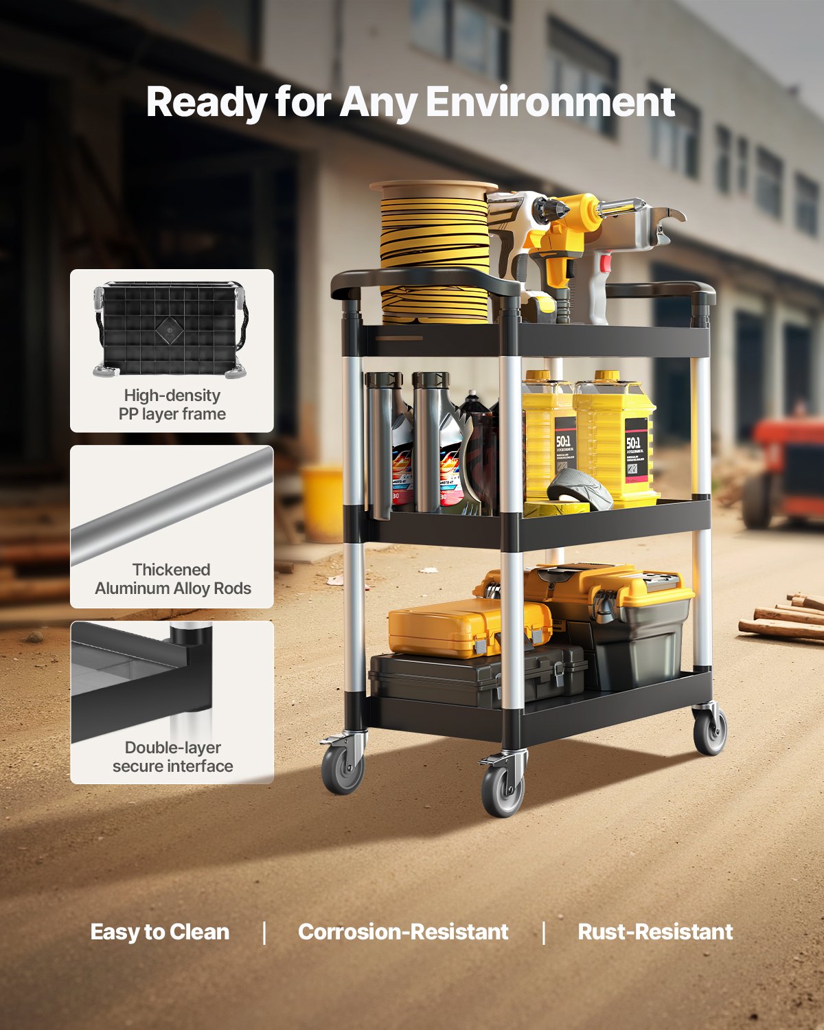 VEVOR Utility Cart, 136 kg, 3-laags kunststof utility cart met 360° zwenkwielen (2 met remmen), 880 x 410 x 990 mm Grote serveerwagen voor magazijn, kantoor, thuis, restaurant, keuken