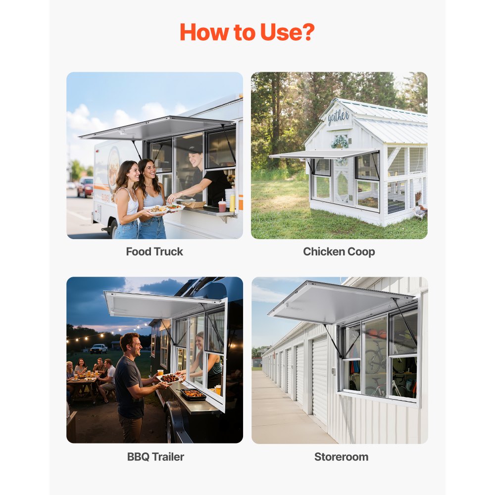 VEVOR Food Trailer Raam (1524 x 915 mm installatie afmetingen) Draaibaar, Food Trailer Serveerraam met 85° openingshoek en 6 schuiframen, Concessie Raam voor Concessie Stands Food Trucks