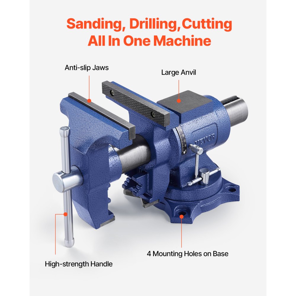 VEVOR Heavy-Duty bankschroef, 165 mm bekbreedte, 125 mm maximale bekopening, multifunctionele nodulair gietijzeren bankschroef met aambeeld, 360° draaibare basiskop, 75 mm keel, 24,98 kN klemkracht