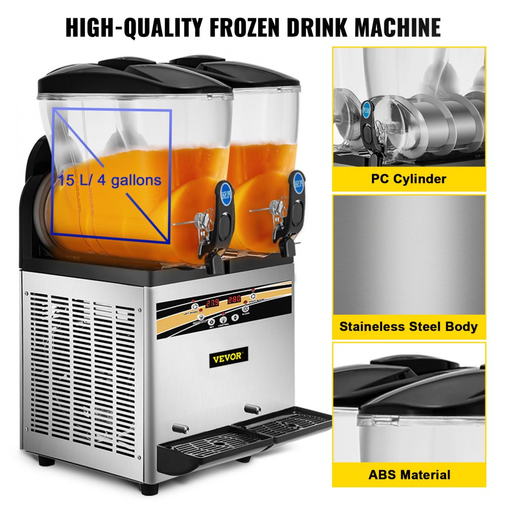 VEVOR Frozen Drink Machine 2X15 L Commerciële Slush Machine 1000W Margarita Machine van Roestvrij Staal, PC en ABS met Efficiënt Koelen, 3 Zijden Effectief Warmteafvoer Perfect voor Ijskoude Drankjes