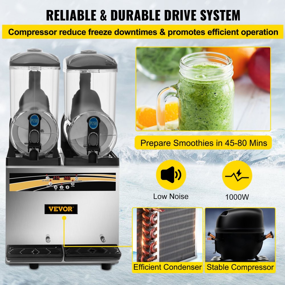 VEVOR Frozen Drink Machine 2X15 L Commerciële Slush Machine 1000W Margarita Machine van Roestvrij Staal, PC en ABS met Efficiënt Koelen, 3 Zijden Effectief Warmteafvoer Perfect voor Ijskoude Drankjes