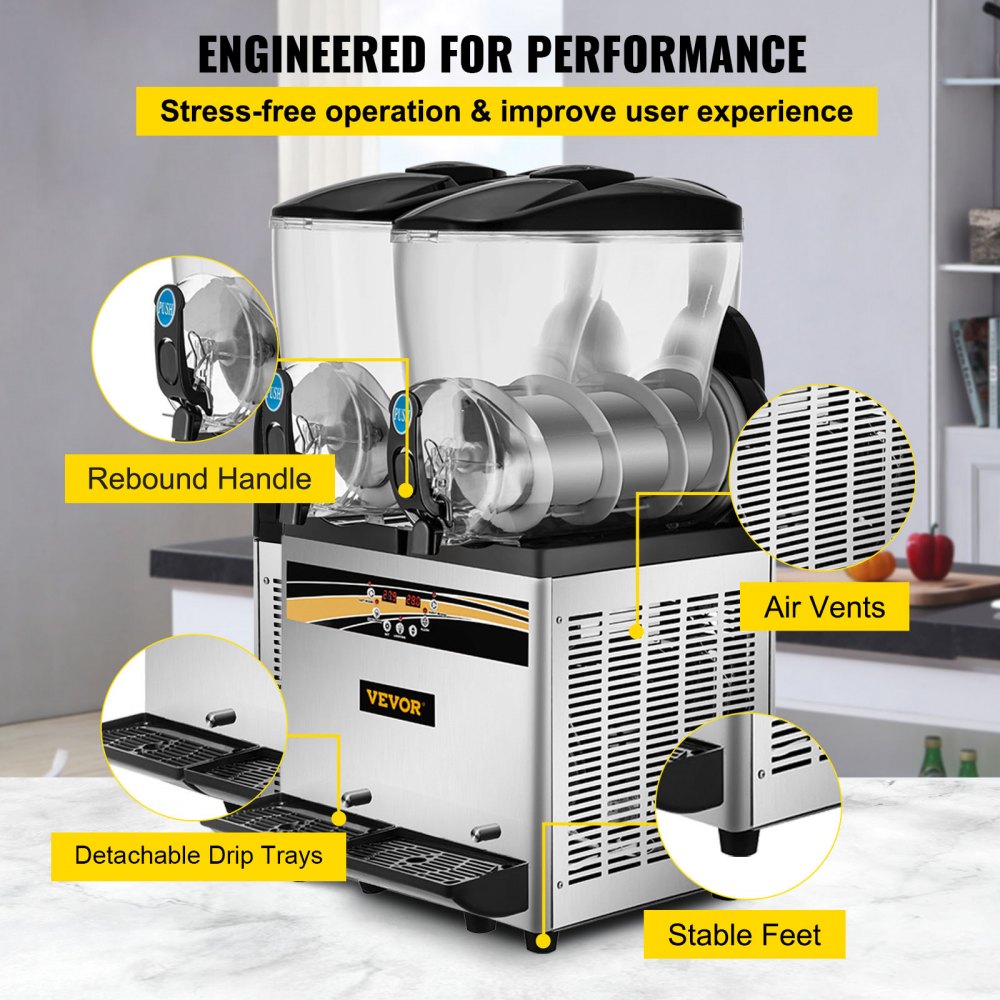 VEVOR Frozen Drink Machine 2X15 L Commerciële Slush Machine 1000W Margarita Machine van Roestvrij Staal, PC en ABS met Efficiënt Koelen, 3 Zijden Effectief Warmteafvoer Perfect voor Ijskoude Drankjes