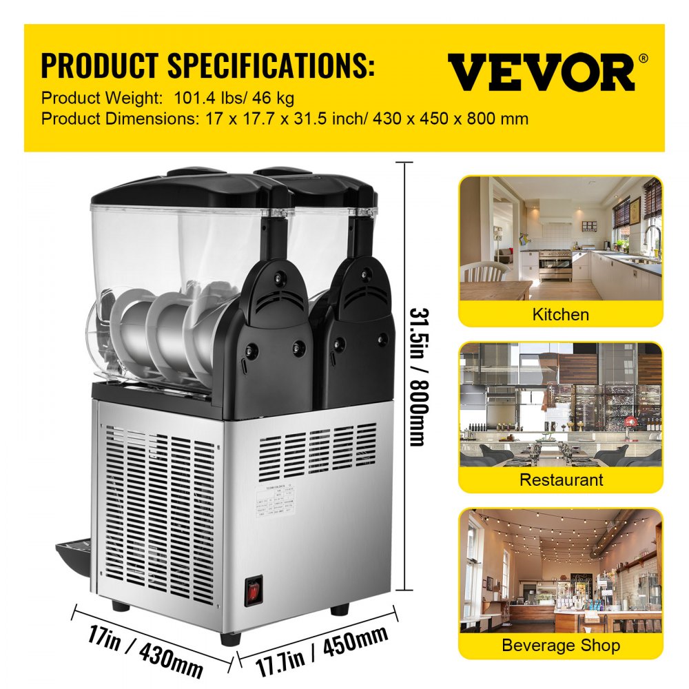 VEVOR Frozen Drink Machine 2X15 L Commerciële Slush Machine 1000W Margarita Machine van Roestvrij Staal, PC en ABS met Efficiënt Koelen, 3 Zijden Effectief Warmteafvoer Perfect voor Ijskoude Drankjes
