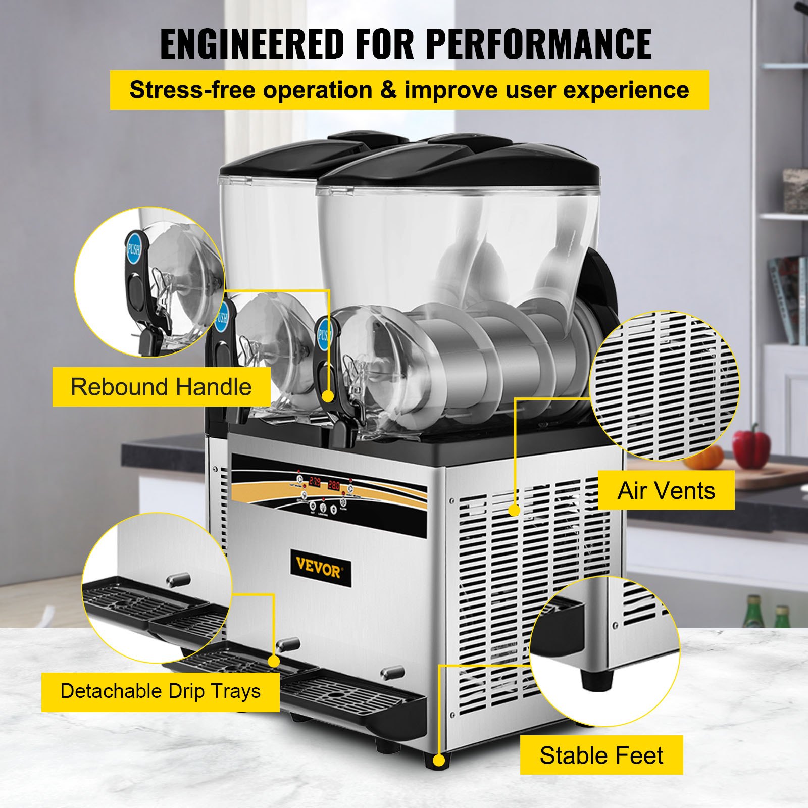 VEVOR Frozen Drink Machine 2X15 L Commerciële Slush Machine 1000W Margarita Machine van Roestvrij Staal, PC en ABS met Efficiënt Koelen, 3 Zijden Effectief Warmteafvoer Perfect voor Ijskoude Drankjes