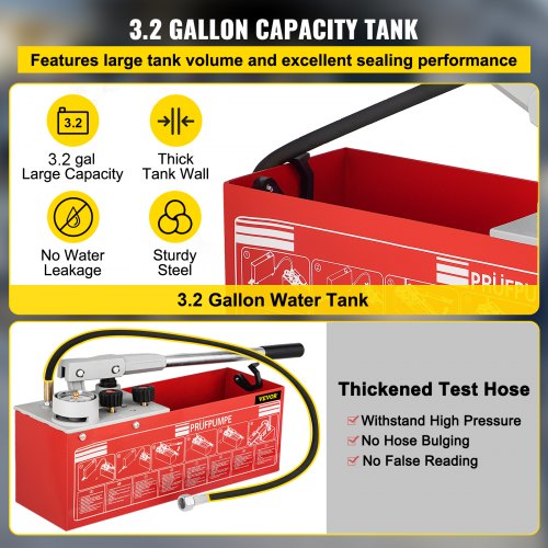 VEVOR Hydrostatische Druktest Pomp, Test tot 25 Bar/2,5 MPa, Tank van 3,2 Gallon, Testpomp Druktestpomp met 2-delige Meter & R 1/2 inch Aansluiting, voor het Testen van Vloeistofdruk in Pijpleidingen
