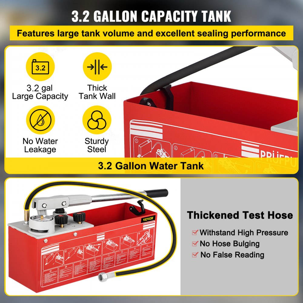 VEVOR Hydrostatic Pressure Test Pump, Test Up to 60 bar/860 psi, 3.2 Gallon Tank, Hydraulic Manual Water Pressure Tester Kit with Three-Unit Gauge & R 1/2" Connection for Pipeline Fluid Pressure Testi