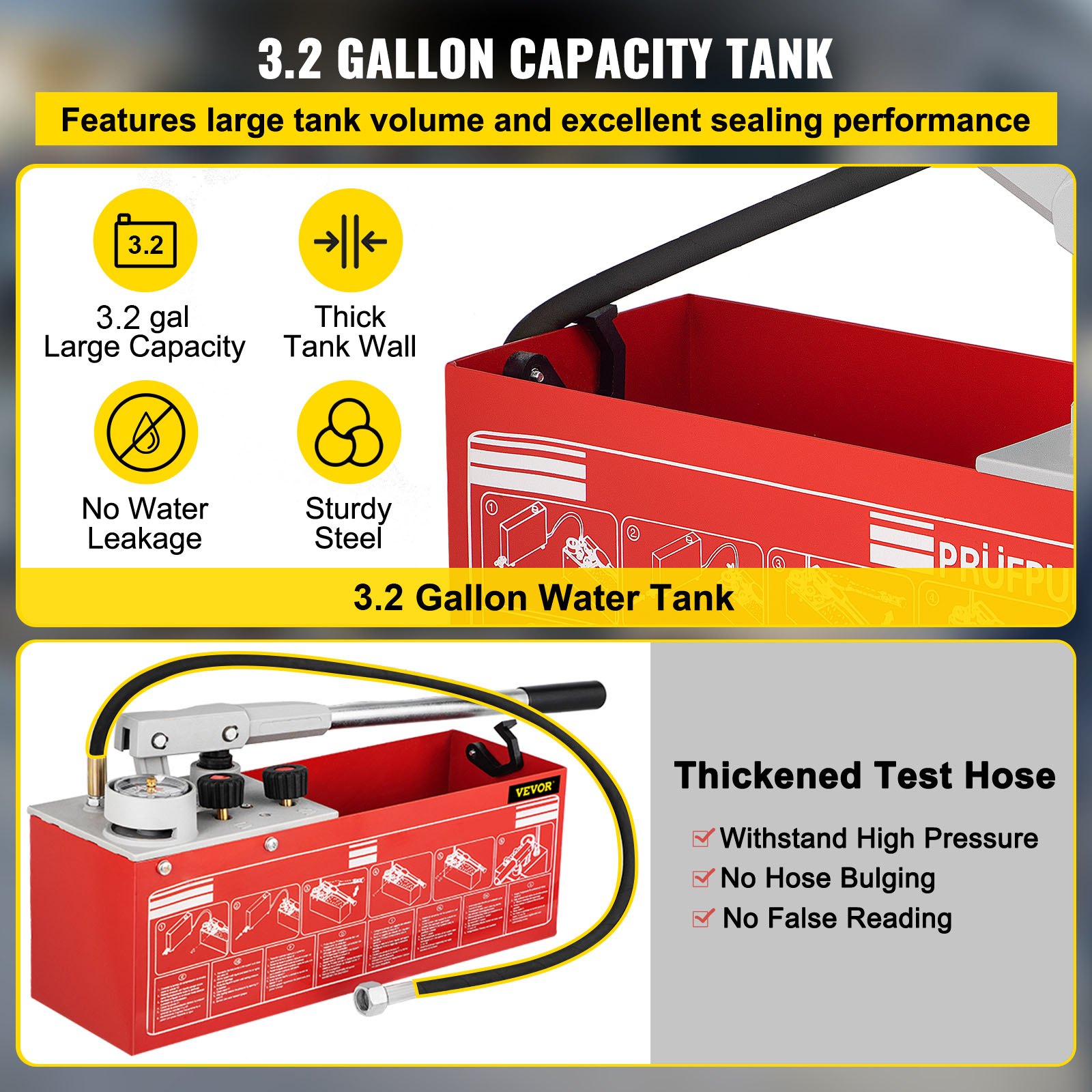 VEVOR Hydrostatic Pressure Test Pump, Test Up to 60 bar/860 psi, 3.2 Gallon Tank, Hydraulic Manual Water Pressure Tester Kit with Three-Unit Gauge & R 1/2" Connection for Pipeline Fluid Pressure Testi