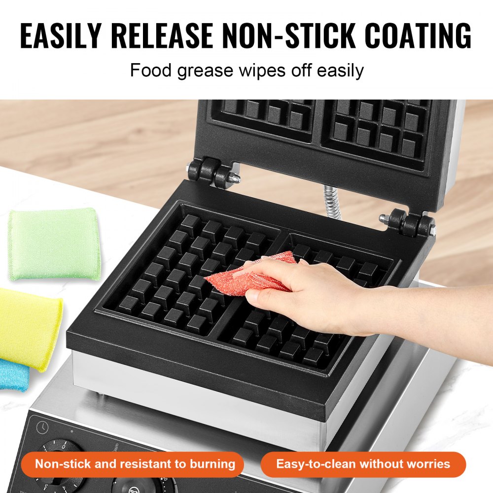 VEVOR Commercial Waffle Maker, 2PCS Rectangle Waffle Baker Machine, 2000W Non-Stick Stainless Steel Belgian Waffle Iron with Temp and Time Control, Handle, for Restaurant Bakery Snack Bar Family