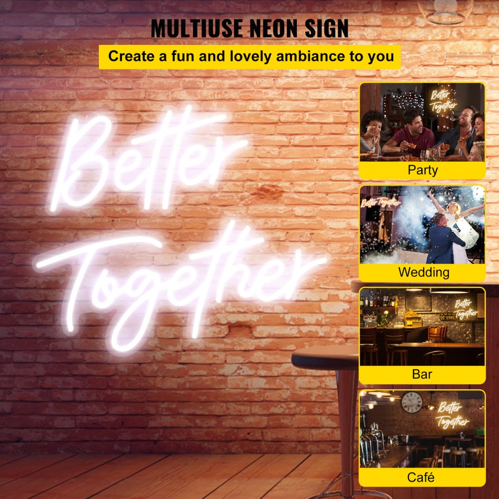 VEVOR Neon Borden, 61 x 25,4 cm en 43,2 x 23 cm Better Together, Instelbare Helderheid Witte Neonreclames met Dimmerschakelaar en 12V Lichtnetadapter, voor Huis-, Feest-, Bruilofts- en Bardecoratie