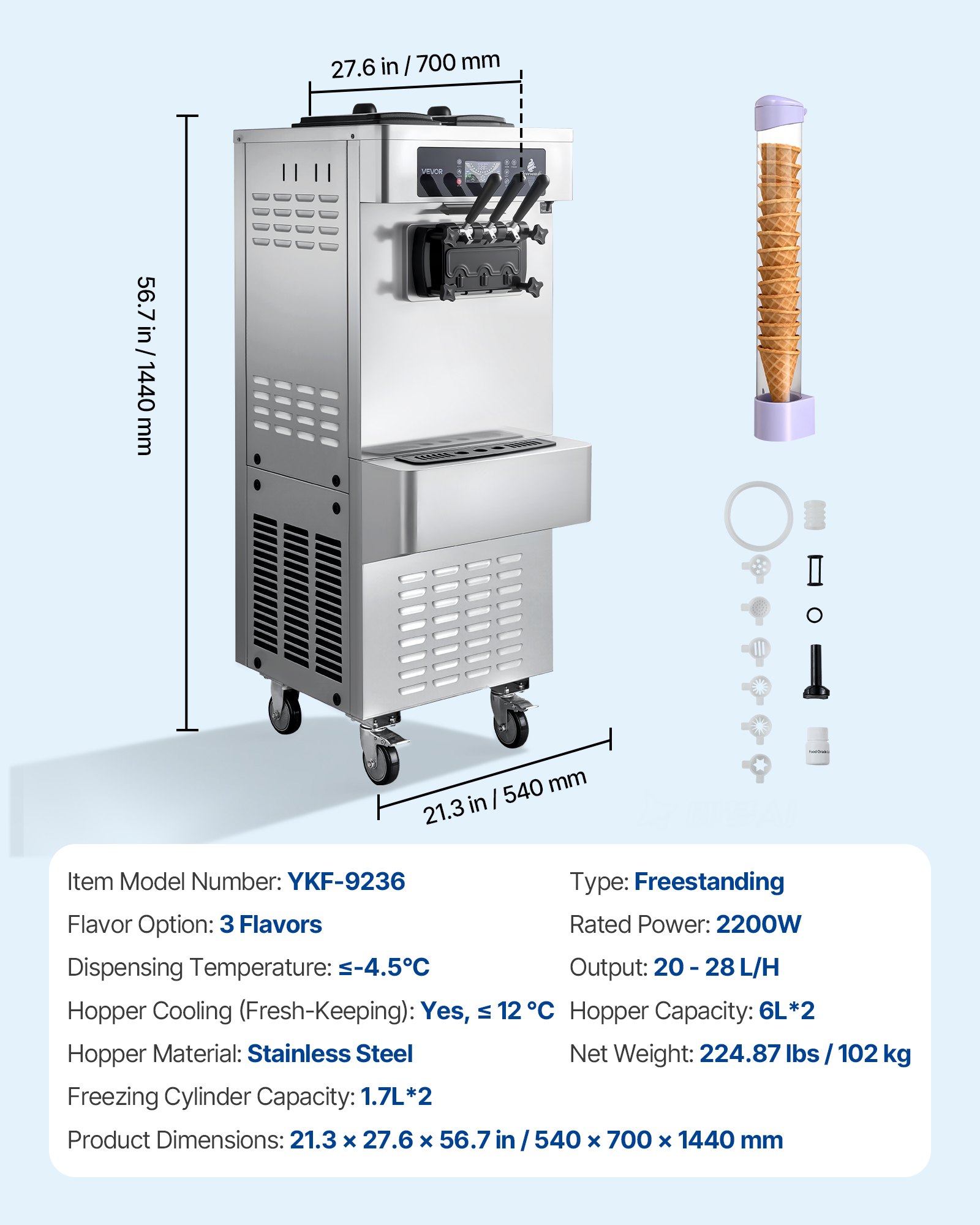 VEVOR Vrijstaande Softijsmachine 20-28 l/u, IJsmachine 2200 W, Commerciële ijsmachine met 3 smaken, 2 x 6-liter containers, voorkoeling en waarschuwingsfunctie voor laag mengniveau