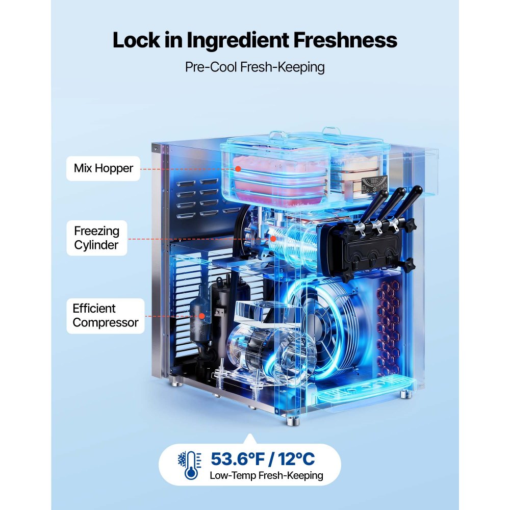 VEVOR Commerciële ijsmachine met een capaciteit van 20-28 l/u, softijsmachine van 2200 W met 2 x 6 liter containers, voorkoeling, zelfreiniging en led-display, tafelmodel voor snackbars, dessertwinkels en cafés, zilverkleurig.