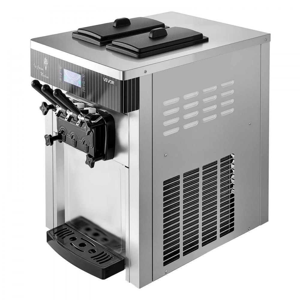 VEVOR Commerciële ijsmachine met een capaciteit van 20-28 l/u, softijsmachine van 2200 W met 2 x 6 liter containers, voorkoeling, zelfreiniging en led-display, tafelmodel voor snackbars, dessertwinkels en cafés, zilverkleurig.