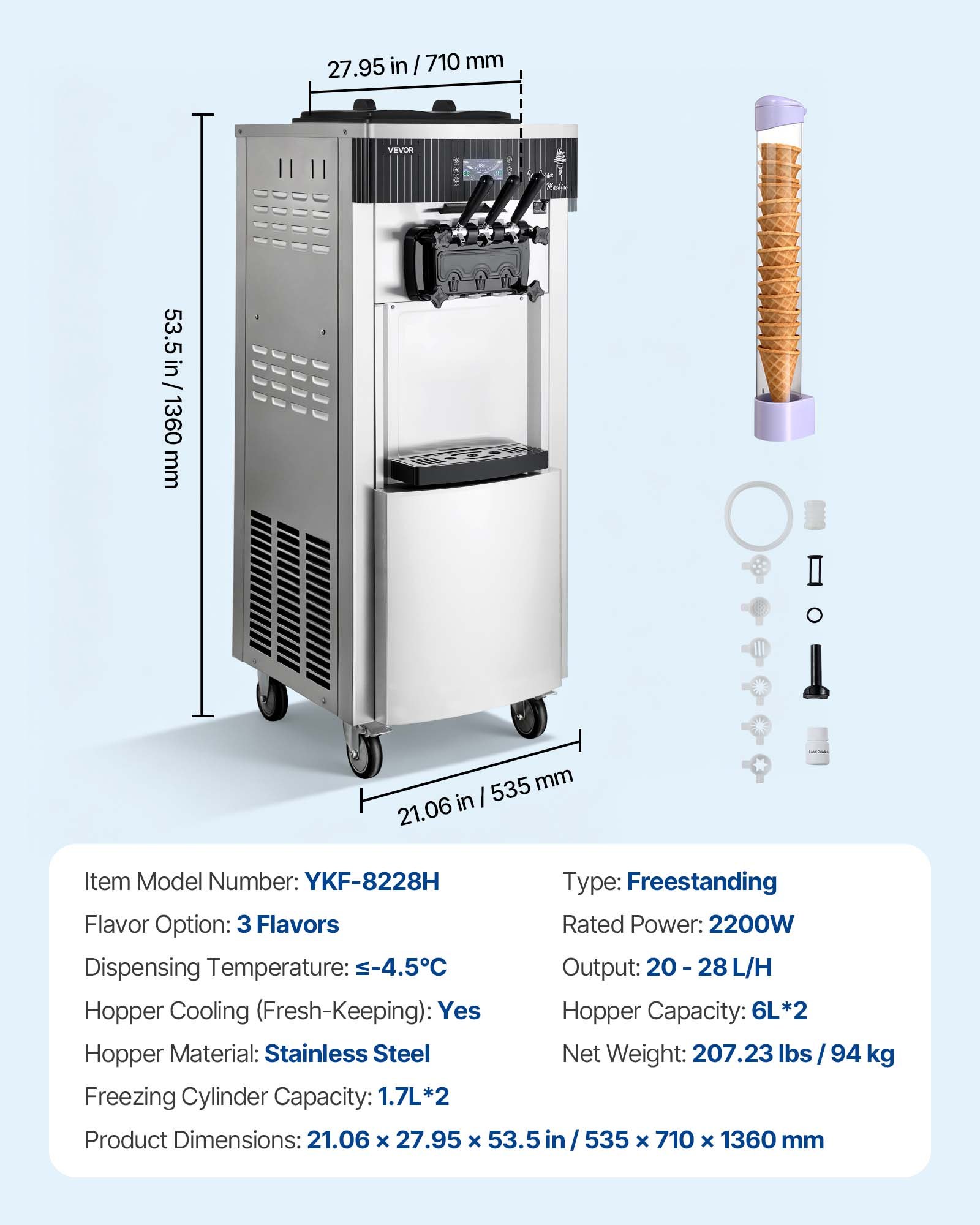 VEVOR Commerciële Softijsmachine 2200 W, Vrijstaande ijsmachine met een productiecapaciteit van 20-28 l/u, met 3 smaken en 2 containers (6 l), voorkoeling en zelfreiniging voor snack- en dessertwinkels.