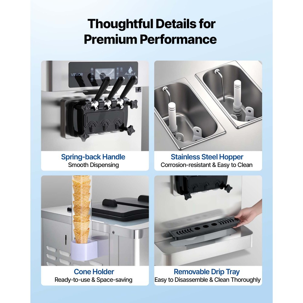 VEVOR Commerciële Softijsmachine 20-28 l/u, IJsmachine 2200 W, Commerciële ijsmachine met 3 smaken, 2 x 6-liter containers, voorkoeling en waarschuwingsfunctie voor laag mengniveau