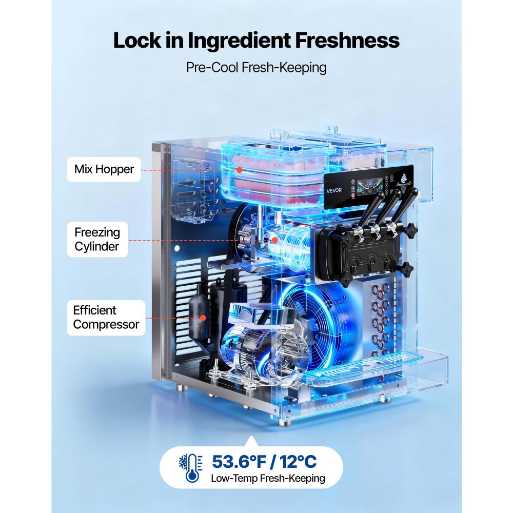 VEVOR Commerciële Softijsmachine 20-28 l/u, IJsmachine 2200 W, Commerciële ijsmachine met 3 smaken, 2 x 6-liter containers, voorkoeling en waarschuwingsfunctie voor laag mengniveau