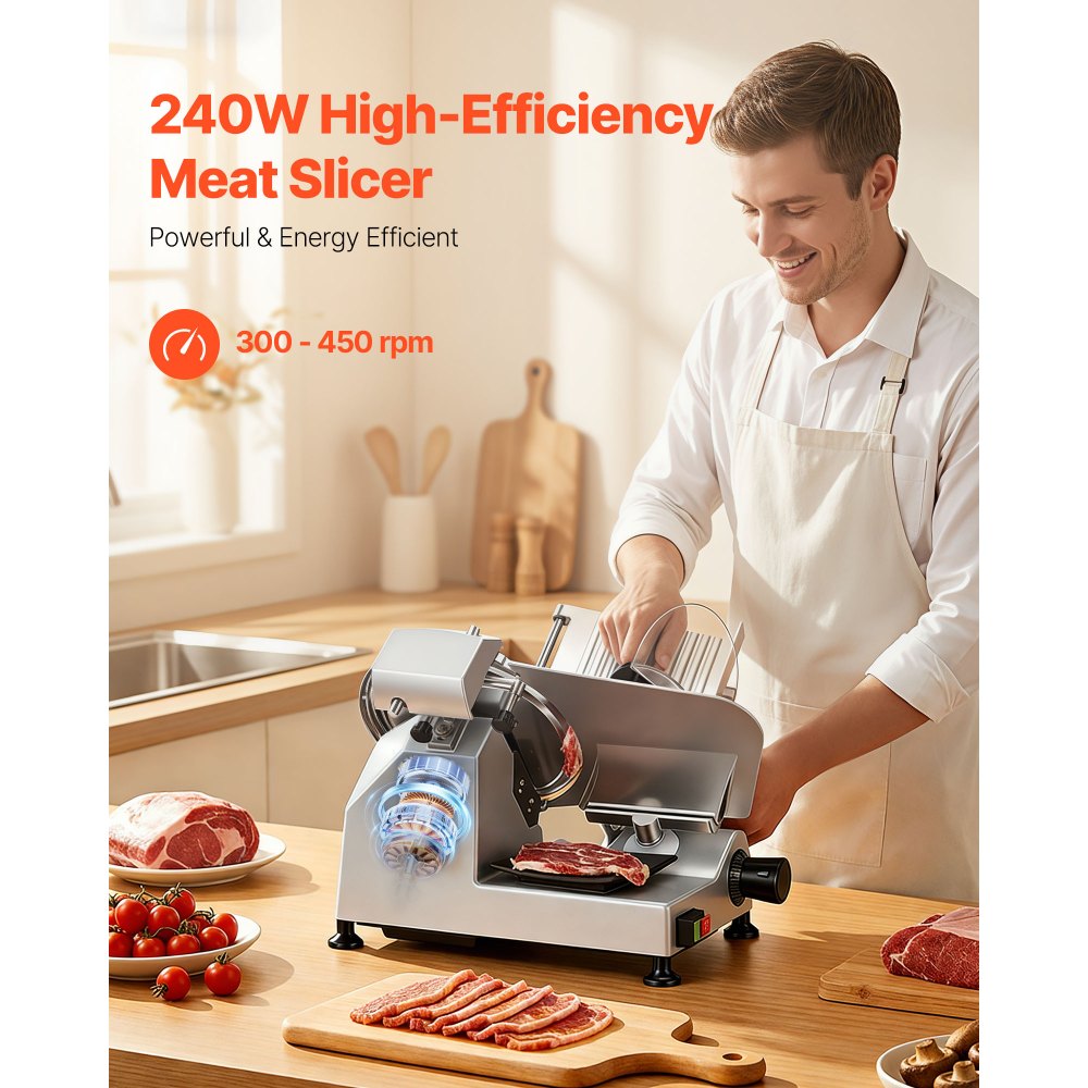 VEVOR elektrische vleessnijmachine met 250 mm mes, 240 W, universele vleessnijmachine met geïntegreerde slijper en instelbare snijdikte van 0-12 mm, voor bevroren vlees en ham.