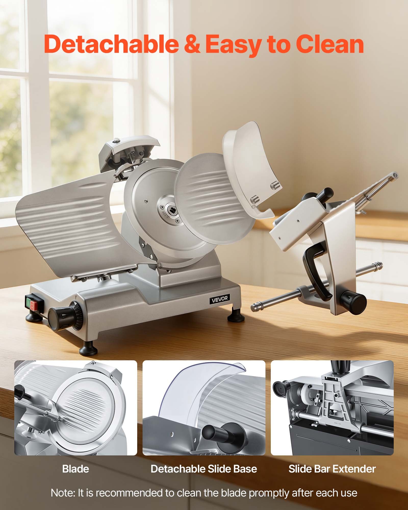 VEVOR elektrische vleessnijmachine met 250 mm mes, 240 W, universele vleessnijmachine met geïntegreerde slijper en instelbare snijdikte van 0-12 mm, voor bevroren vlees en ham.