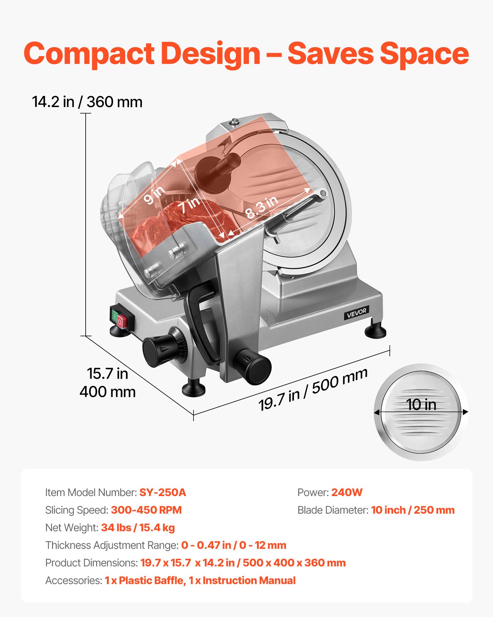 VEVOR elektrische vleessnijmachine met 250 mm mes, 240 W, universele vleessnijmachine met geïntegreerde slijper en instelbare snijdikte van 0-12 mm, voor bevroren vlees en ham.