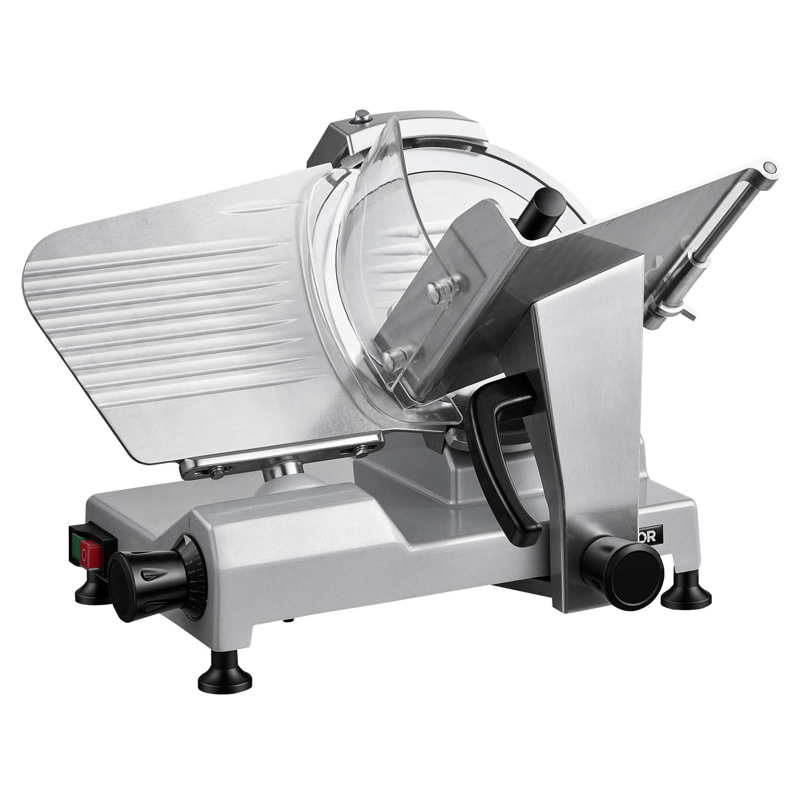 VEVOR elektrische vleessnijmachine met 250 mm mes, 240 W, universele vleessnijmachine met geïntegreerde slijper en instelbare snijdikte van 0-12 mm, voor bevroren vlees en ham.