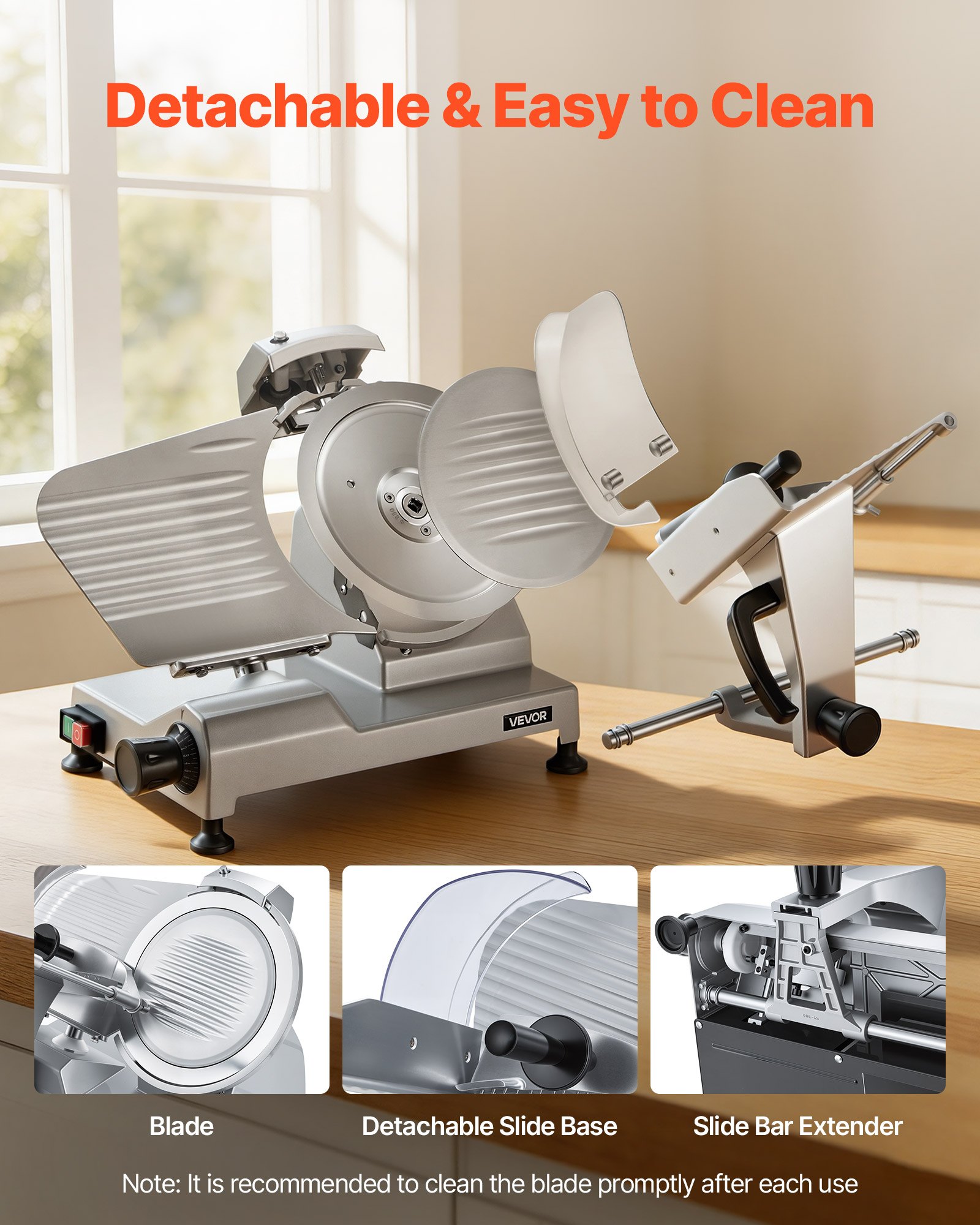 VEVOR elektrische vleessnijmachine met 250 mm mes, 240 W, universele vleessnijmachine met geïntegreerde slijper en instelbare snijdikte van 0-12 mm, voor bevroren vlees en ham.