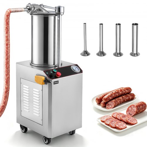 VEVOR Hydraulische worstvuller, automatisch, 26 liter, roestvrij staal, voor gelijkmatige vulling met 4 vulbuizen, snelheidsregeling, noodstop, 4 rollen en siliconenafdichting, 750 W