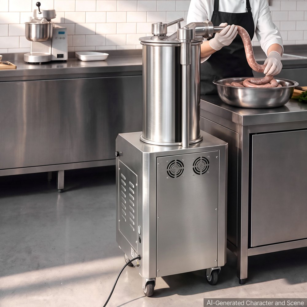 VEVOR Hydraulische worstvuller, automatisch, 26 liter, roestvrij staal, voor gelijkmatige vulling met 4 vulbuizen, snelheidsregeling, noodstop, 4 rollen en siliconenafdichting, 750 W