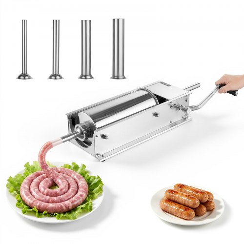 VEVOR Handmatige Worstvuller 5L Horizontale Worstvuller Roestvrij Staal voor Thuis, Kamperen, Grillen & BBQ, met 4 Vulbuizen, 2 Snelheidsstanden, Ergonomische Handgreep en Afneembare Onderdelen