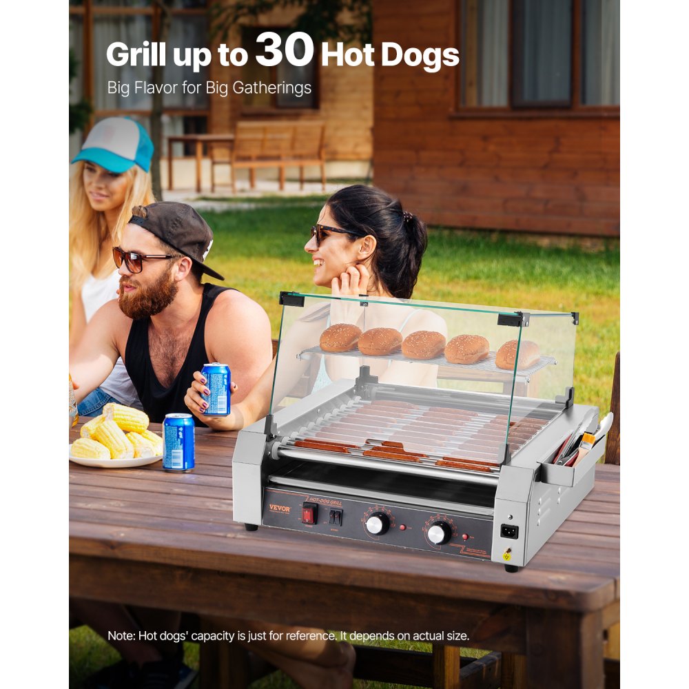 VEVOR Hotdog Grill Machine Hotdogs 11 rollen roestvrij staal, 2200 W, elektrische grill met deksel & 2 temperatuurregelaars & opbergbox aan de zijkant & uitneembaar rooster & lekbak