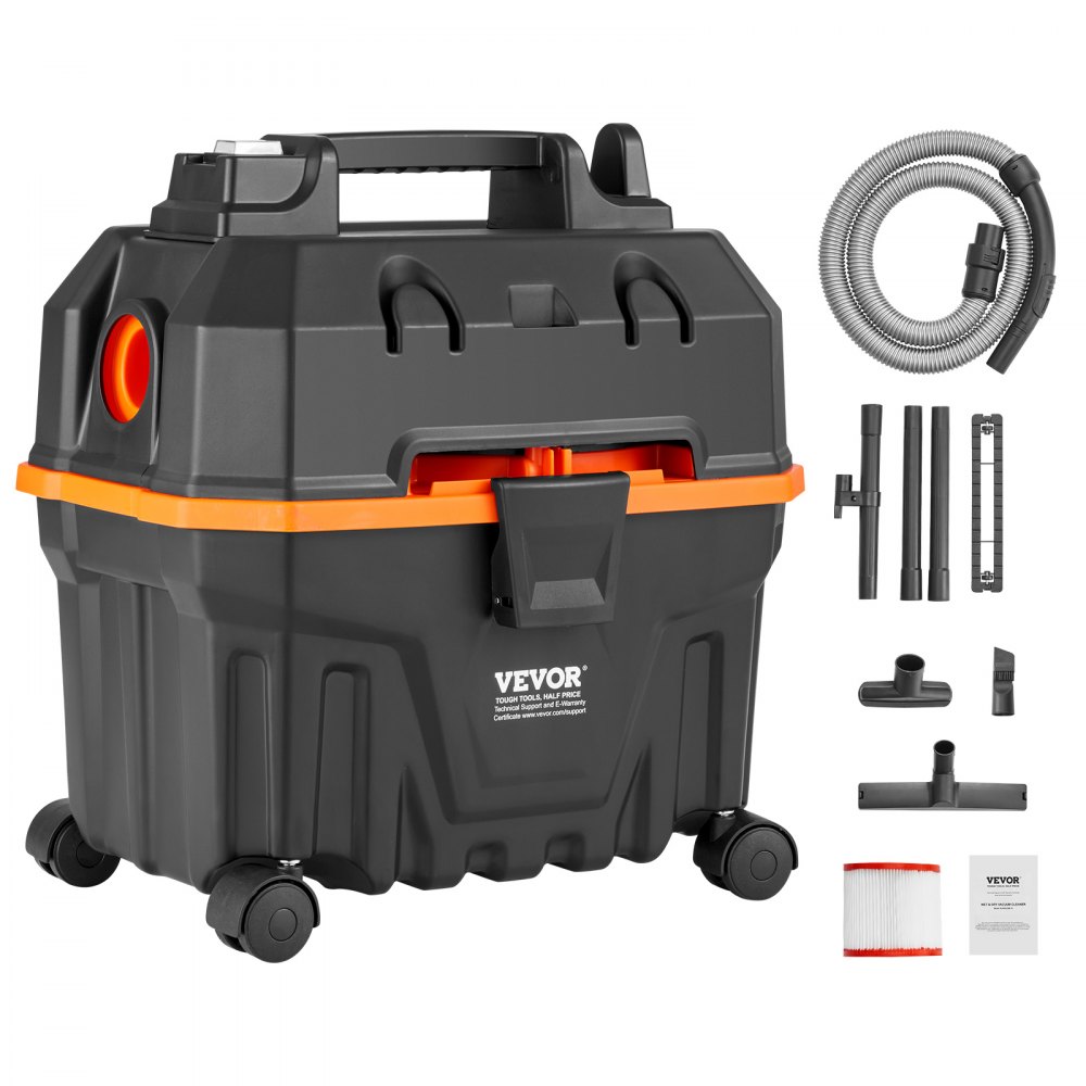 VEVOR nat-/droogzuiger, 15 liter, 5 pk piekvermogen, efficiënte zuig- en blaasprestaties met mondstuk, wielen, draagbare werkplaatsstofzuiger met hulpstukken, lichtgewicht werkplaatsstofzuiger, ideaal voor tapijten, vuil en dierenhaar, zwart