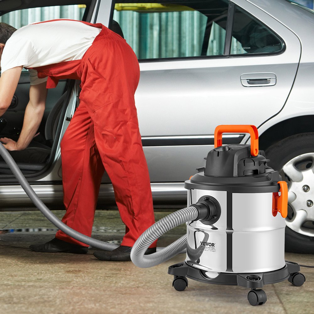 VEVOR nat-/droogzuiger, 20 liter, 6 pk, roestvrijstalen stofzuiger met efficiënte zuig- en blaaskracht, mondstuk, wielen, draagbare werkplaatsstofzuiger met hulpstukken, voor tapijten, vuil, dierenhaar, zilver + zwart
