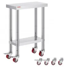 VEVOR Roltafel 61 x 30 x 85 cm RVS Catering Werktafel Draagvermogen 350 kg, Voedselbereidingstafel Commerciële Keukentafel voor Bar met 4 Verstelbare Voeten