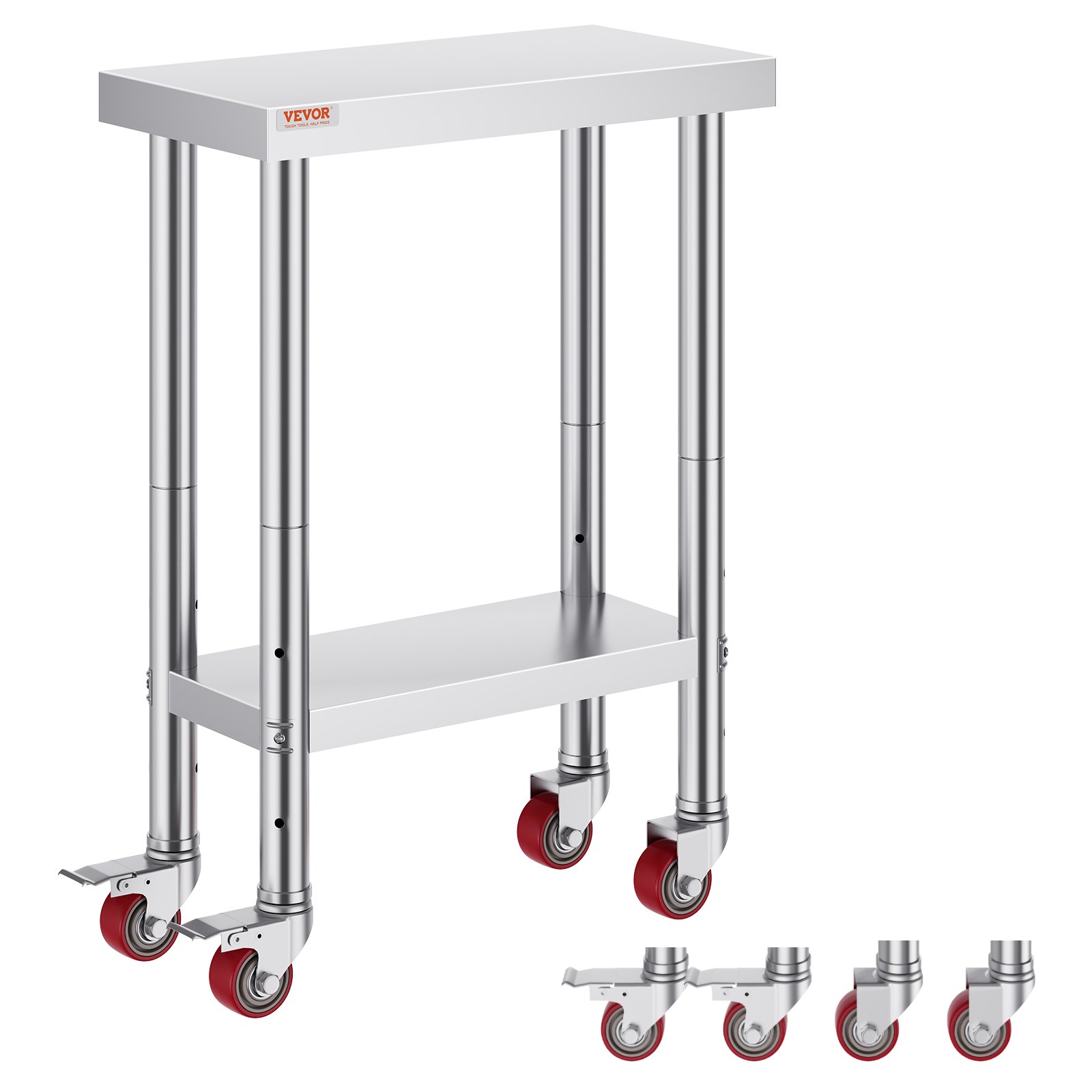 VEVOR Roltafel 61 x 30 x 85 cm RVS Catering Werktafel Draagvermogen 350 kg, Voedselbereidingstafel Commerciële Keukentafel voor Bar met 4 Verstelbare Voeten