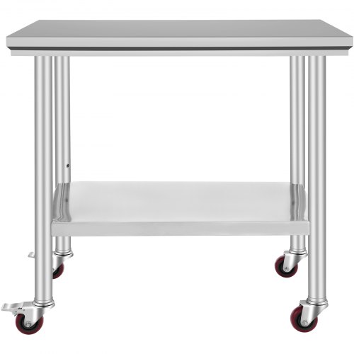 VEVOR Commerciële Keuken Werktafel Prep Tafel met 4 Wielen RVS 36x24 inch Zilver