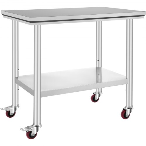 VEVOR Commerciële Keuken Werktafel Prep Tafel met 4 Wielen RVS 36x24 inch Zilver