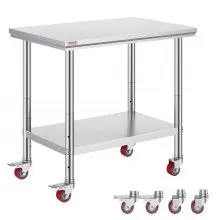 VEVOR roestvrijstalen tafel 90 x 60 x 85 cm keukentafel met draagvermogen 136,08 kg, met 4 wielen, 3-voudig in hoogte verstelbaar, robuuste voorbereidingstafel voor voedselbereiding, zilver