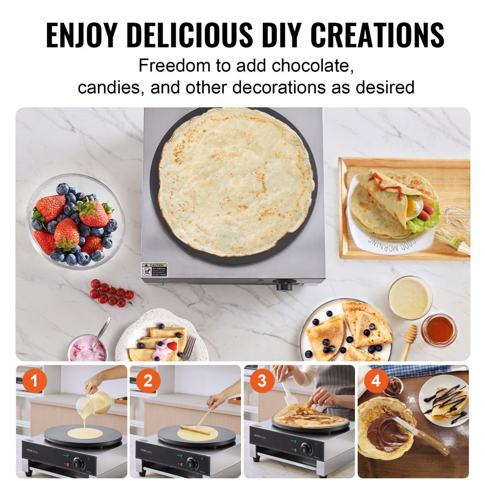 VEVOR Elektrische Crêpemaker, Crêpemachine, 3000W, Platte Crêpebakplaat, 40 cm, Antiaanbakpan, Roestvrijstalen Pannenkoekenmaker, Ronde Ontbijtgranenpannenkoekenmaker, Temperatuurregeling