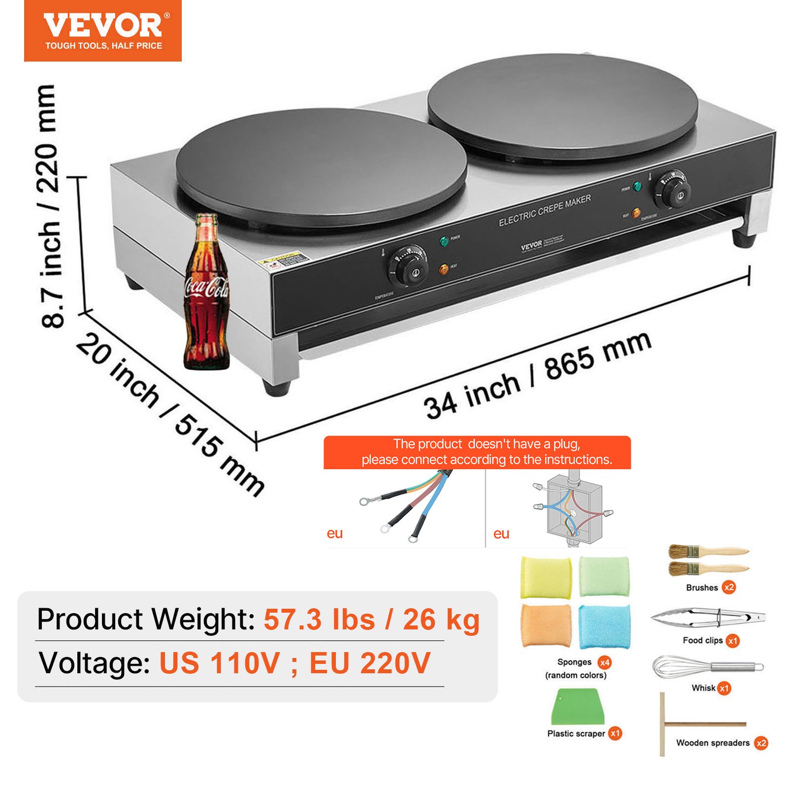 VEVOR Electric Crepe Maker, 16-Inch Double Head Commercial Crepe Machine, 3400W Flat Plate Crepe Griddle, Nonstick Stainless Steel Pancake Making, Desktop Circular Cereals Pancake Stove, Temp Control