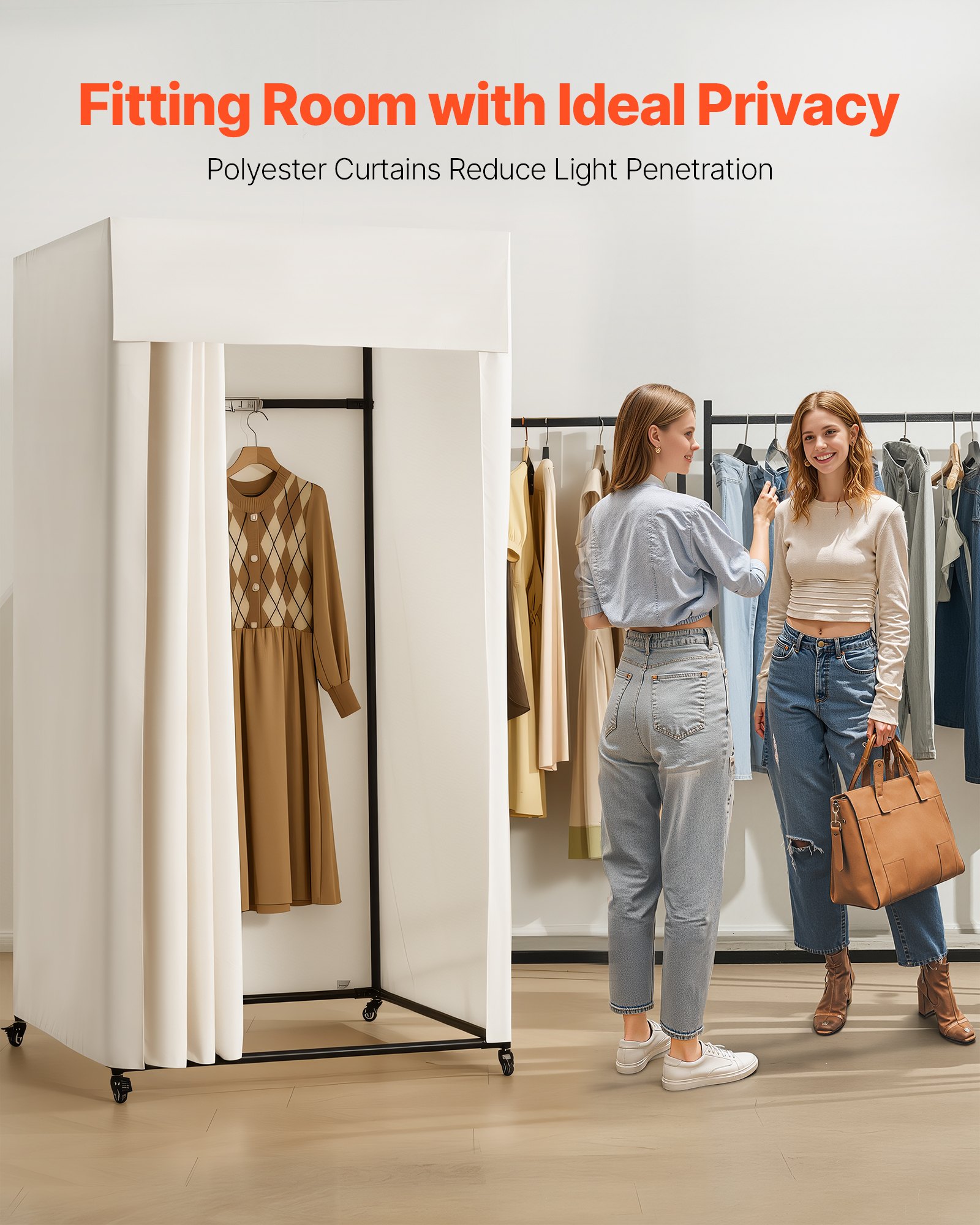 VEVOR Fitting Room, Moveable Dressing Room with Thick Curtains, Privacy Space with Casters and a Sturdy Metal Hook, for Boutique, Mall, Tailor's Store & Outdoor (39 x 39 x 81 in, Black and Beige)