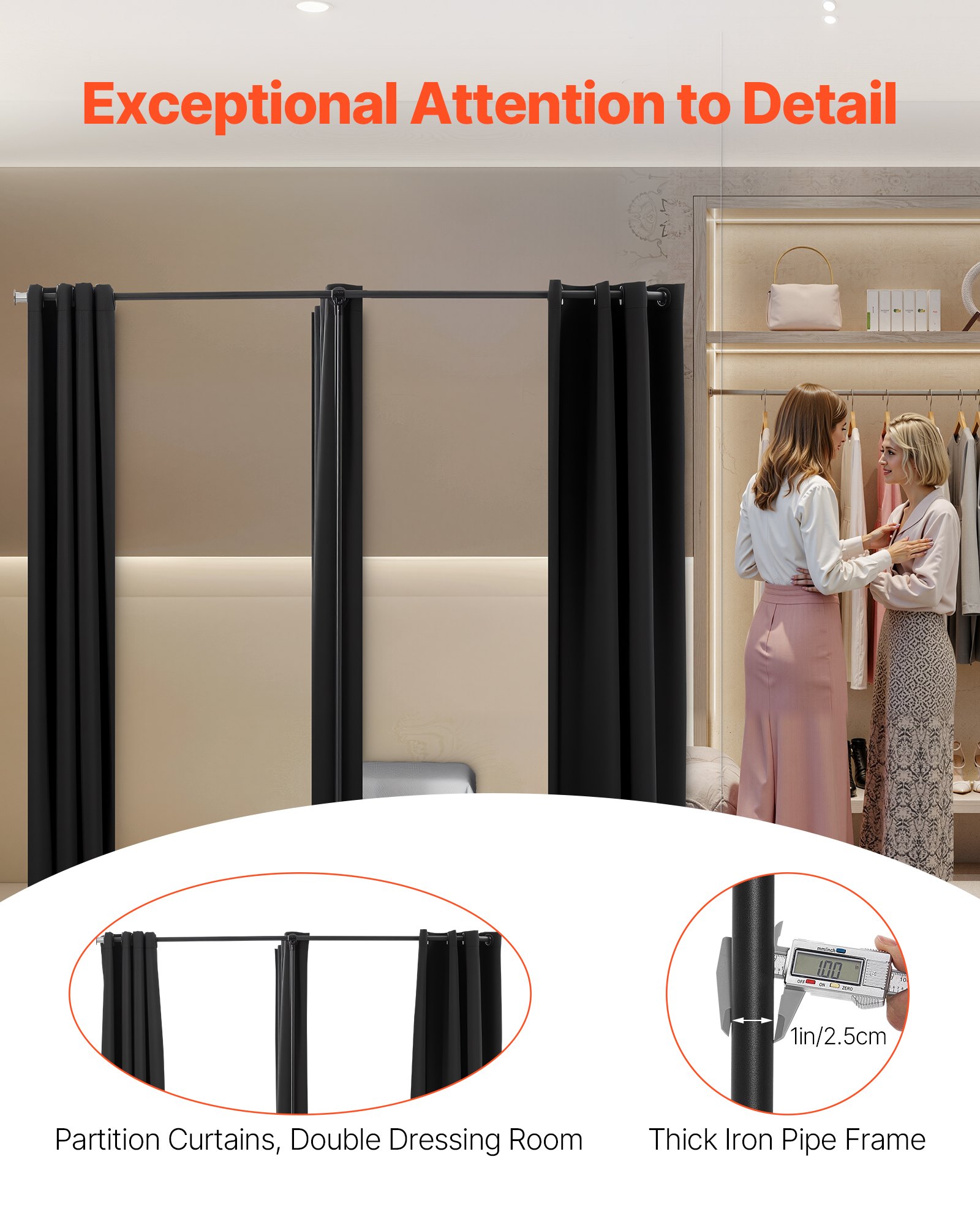 VEVOR Fitting Room, Portable Changing Room with Thick Polyester Curtains, Double Dressing Rooms with Partition Curtains, for Boutique, Mall, Studio, Tailor's Store & Office 79 x 39 x 79 in (Black)