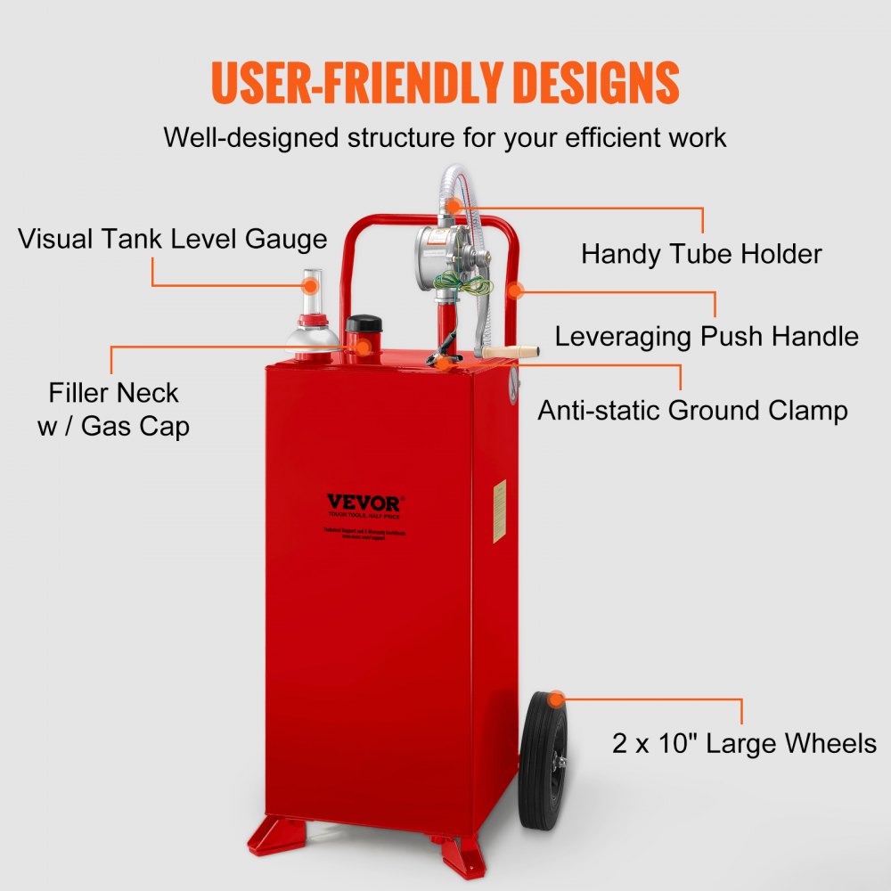 VEVOR 30 Gallon Brandstoftrolley, Brandstofopslag met 2 wielen, Handmatige overbrengpomp, Benzine-dieselbrandstofcontainer voor auto's, grasmaaiers, ATV's, boten, meer, Rood
