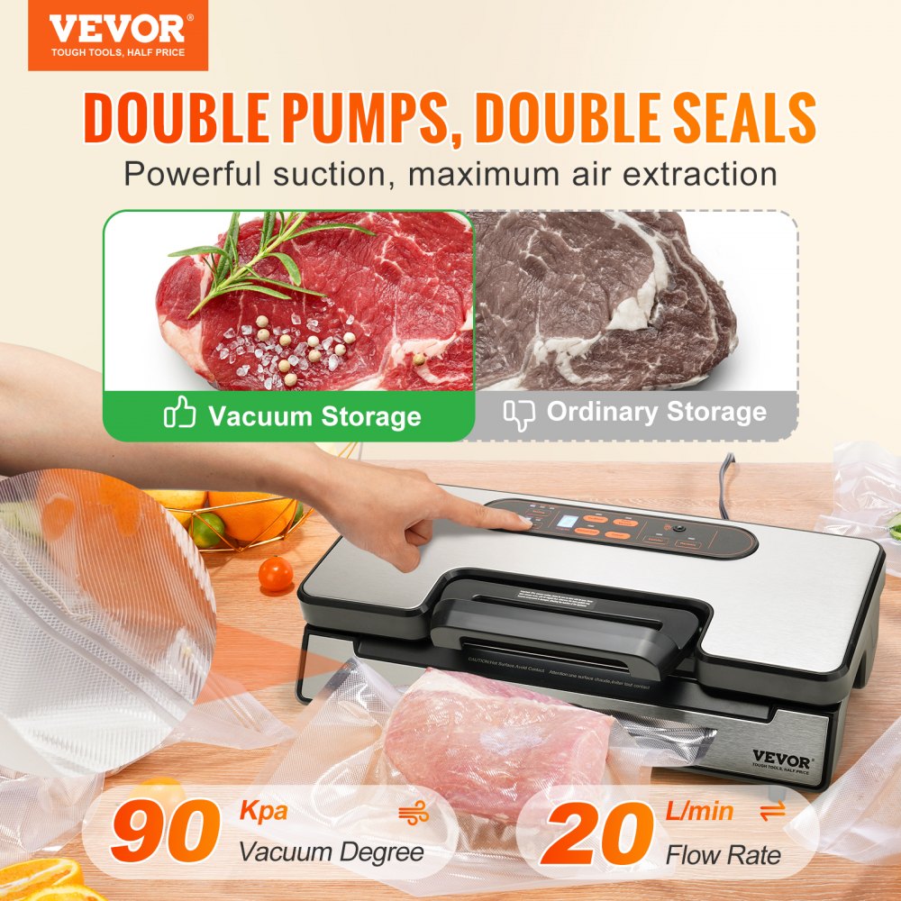 VEVOR Vacuümsealer 130W Vacuümsealer 90Kpa Sealapparaat 30cm seallengte Foliesealer voor droog of vochtig voedsel Incl. 10x vacuümzakken, 2x vacuümzakrollen en slang