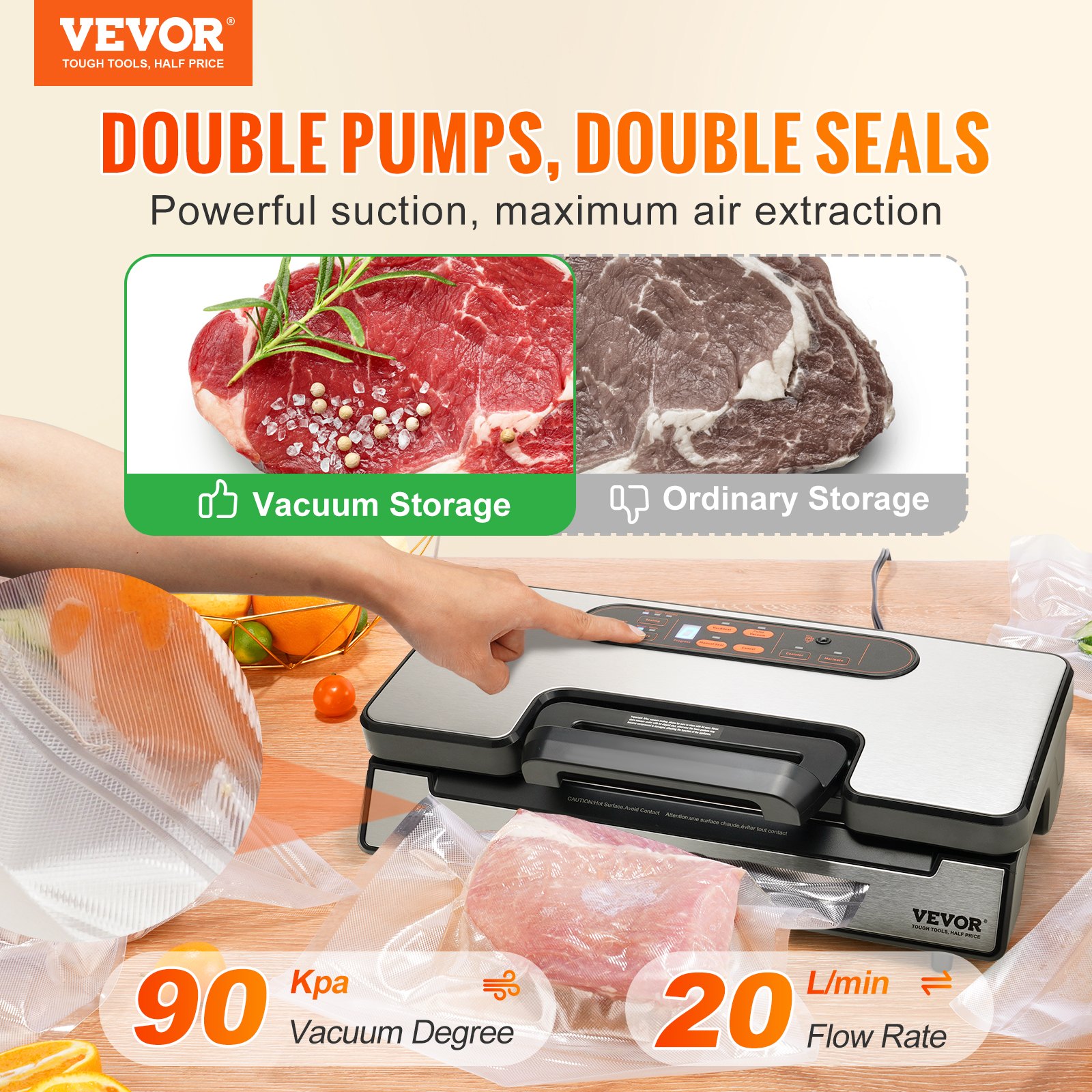 VEVOR Vacuümsealer 130W Vacuümsealer 90Kpa Sealapparaat 30cm seallengte Foliesealer voor droog of vochtig voedsel Incl. 10x vacuümzakken, 2x vacuümzakrollen en slang