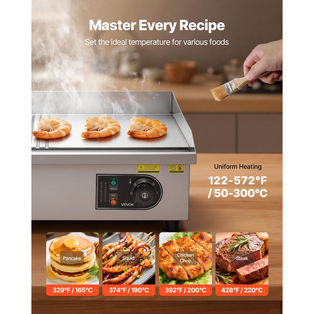 VEVOR Commercial Electric Griddle, 535 x 300 mm, 3200W, 50-300°C Adjustable Temp Control, Stainless Steel Body, Half Grooved Half Flat, with 2 Spatulas, 2 Brushes, and 4 Foot Pads, for Steak, Pancake