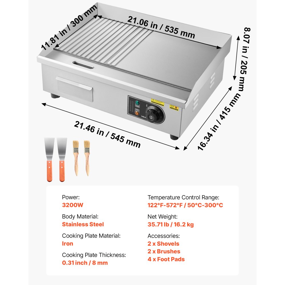 VEVOR Commercial Electric Griddle, 535 x 300 mm, 3200W, 50-300°C Adjustable Temp Control, Stainless Steel Body, Half Grooved Half Flat, with 2 Spatulas, 2 Brushes, and 4 Foot Pads, for Steak, Pancake