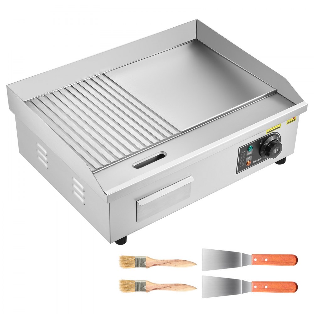 VEVOR Commercial Electric Griddle, 535 x 300 mm, 3200W, 50-300°C Adjustable Temp Control, Stainless Steel Body, Half Grooved Half Flat, with 2 Spatulas, 2 Brushes, and 4 Foot Pads, for Steak, Pancake
